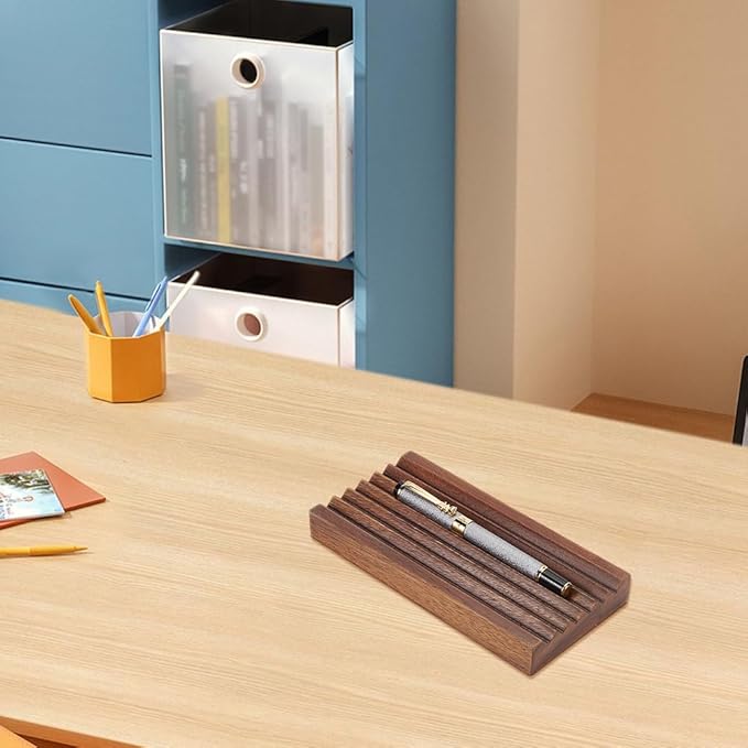 MAYJOYDIY Walnut Horizontal Pen Holder Rectangle Pen Holder Wooden Desk Organizer Pencil Holder with 6 Groove Stylish Vintage Fountain Pen Tray for Home Office Classroom Desktop Accessories