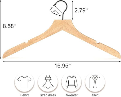 TOPIA HANGER Rubber Wood Hangers, Wooden Clothes Hangers with Rotatable Black Hook and Smooth Cut Nothces, Set of 12 Durable and Slim Hangers for Coats, Suits, Jackets, Sweaters, Dresses - CTS01N