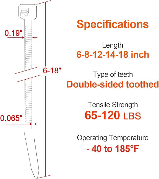 Zip Ties Assorted Size,500 Pack,6+8+12+14+18 Inch Double Sided Toothed,120 LBS Tensile Strength Heavy Duty Cable Wire Ties Self-Locking Adjustable Durable Nylon Tie Wraps for Indoor Outdoor White