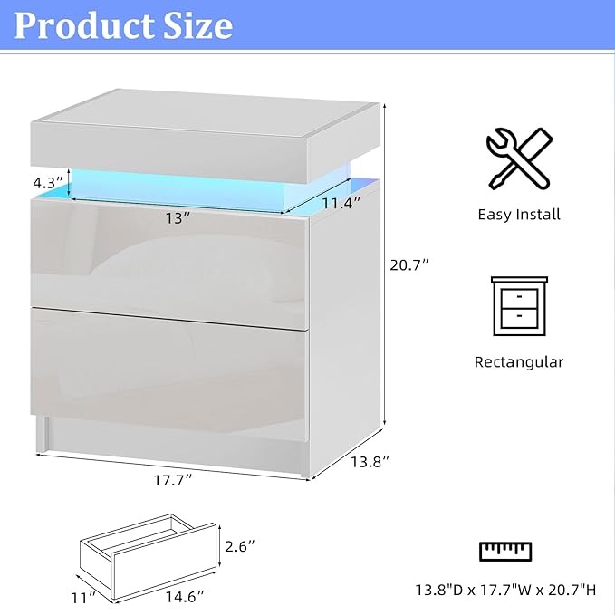 OFCASA Nightstand with LED Lights, Smart Night Stand with Flip Top Storage, Bedside Table with 2 High Gloss Drawers, Modern End Side Table for Bedroom (White)