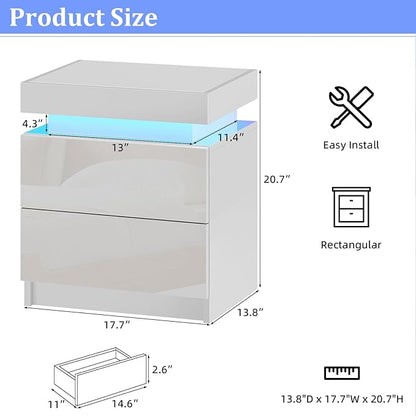 OFCASA Nightstand with LED Lights, Smart Night Stand with Flip Top Storage, Bedside Table with 2 High Gloss Drawers, Modern End Side Table for Bedroom (White)