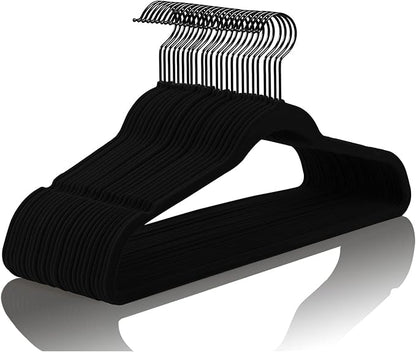 MIZGI Premium All Black Velvet Hangers with Black Hooks (50 Pack) Heavy Duty - Non Slip Felt Hangers - 360 Degree Swivel,Space Saving Clothes Hangers,Durable Strong Hanger for Suits,Coat