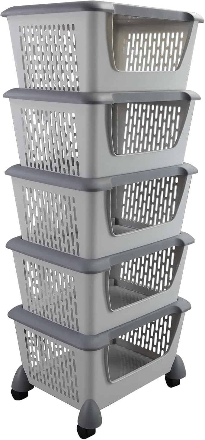 5 Tiers Plastic Stacking Storage Baskets, Kitchen Stackable Storage Bins, Grey