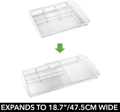 mDesign Expandable Makeup Organizer for Bathroom Drawers, Vanities, Countertops: Organize Makeup Brushes, Eyeshadow Palettes, Lipstick, Lip Gloss, Blush, Concealer - Adjustable Width - Clear