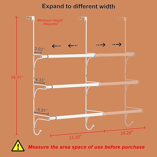 AULEDIO Adjustable Over The Door Triple Towel Rack with Hooks,White