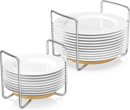 Dish Rack for Kitchen Counter - Bamboo Plate Organizer for Cabinet Space Saver, 2Pcs Adjust 8.5" to 12.5" Stainless Steel Plate and Bowl Holder with Portable Handle for Drawer Cupboard Shelf RV