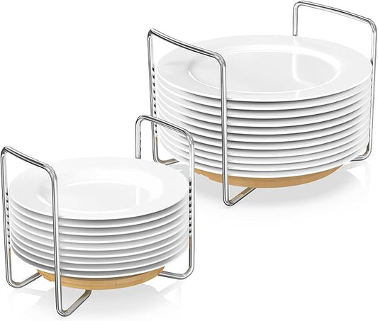 Dish Rack for Kitchen Counter - Bamboo Plate Organizer for Cabinet Space Saver, 2Pcs Adjust 8.5" to 12.5" Stainless Steel Plate and Bowl Holder with Portable Handle for Drawer Cupboard Shelf RV