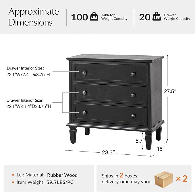 HULALA HOME 3 Drawer End Table with Charging Station, Wooden Drawer Organizer with Wood Legs, Mid Century Modern End Table Set of 2, Black