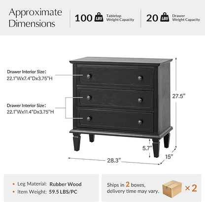 HULALA HOME 3 Drawer End Table with Charging Station, Wooden Drawer Organizer with Wood Legs, Mid Century Modern End Table Set of 2, Black