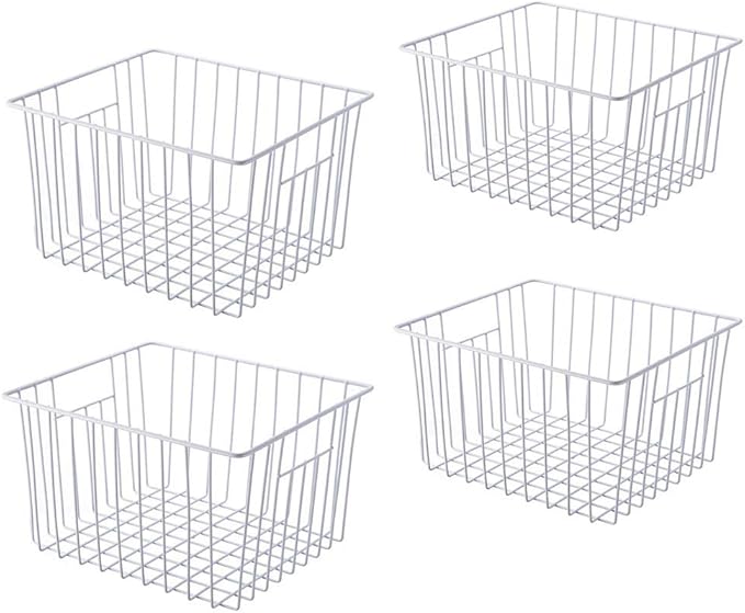 Freezer Baskets Storage Organizer, Refrigerator Metal Wire Basket bins, Household Bins with Built-in Handles for Kitchen Cabinets, Freezer, Pantry, Closets, Bathrooms, 4 Packs