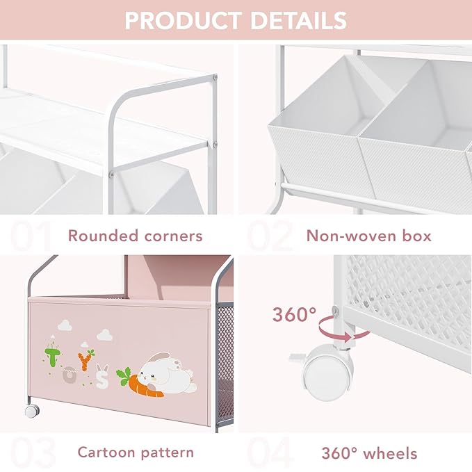 BBLIKE Toy Storage Organizer with Wheels - 3-Tier Kids Large Toy Box, Toy Chest Storage for Boys Girls Toddlers, Kids Bookshelf with 3 Fabric Toy Boxes for Playroom, Pink