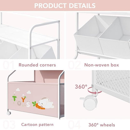 BBLIKE Toy Storage Organizer with Wheels - 3-Tier Kids Large Toy Box, Toy Chest Storage for Boys Girls Toddlers, Kids Bookshelf with 3 Fabric Toy Boxes for Playroom, Pink