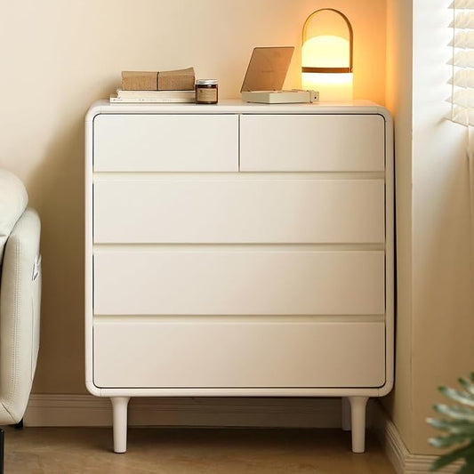 Vadisun 5-Drawers White Wood Nightstand, Mid Century Modern Nightstands, Night Stand for Bedroom, Wood Bedside Tables for Dorm, Sturdy(Rubberwood, 36" H)