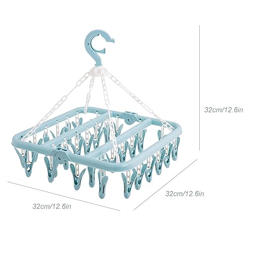 Clothes Hanger with 32 Clips, Foldable Clothes Peg Drying Rack for Socks, Underwear, Bras, Scarves (Blue)