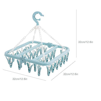 Clothes Hanger with 32 Clips, Foldable Clothes Peg Drying Rack for Socks, Underwear, Bras, Scarves (Blue)