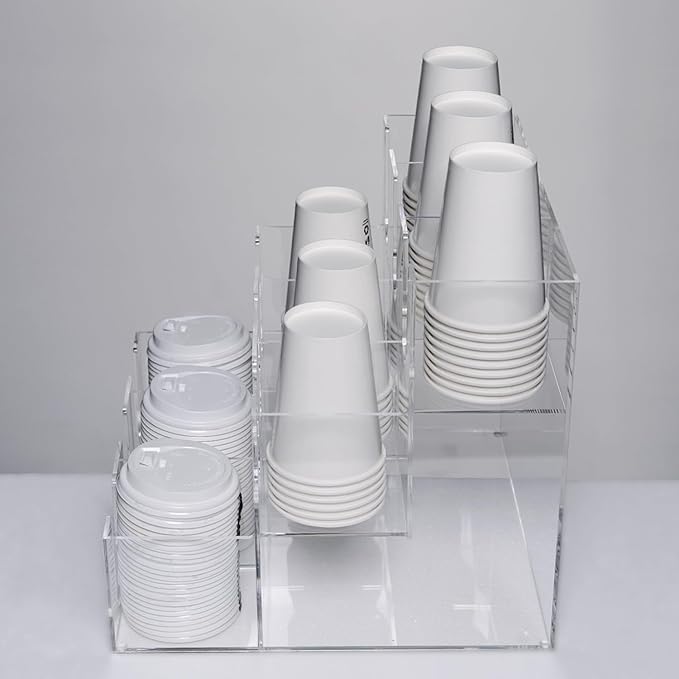 CiaoHER Acylic Coffee Cup and Lid Dispenser with 9 Compartments, Counter Top for Coffee Station to Organize Disposable Cups, for Home or Office Use (Clear)