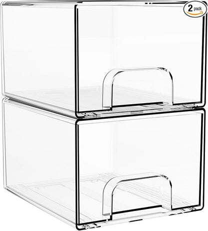 4.4" Tall Small Clear Acrylic Stackable Storage Drawers for Vanity,Under Sink,Bathroom Closet,Medicine Cabinet Organization and Plastic Storage Bins for Organizing Makeup,Baby Bottles,Pacifier,2 PCS