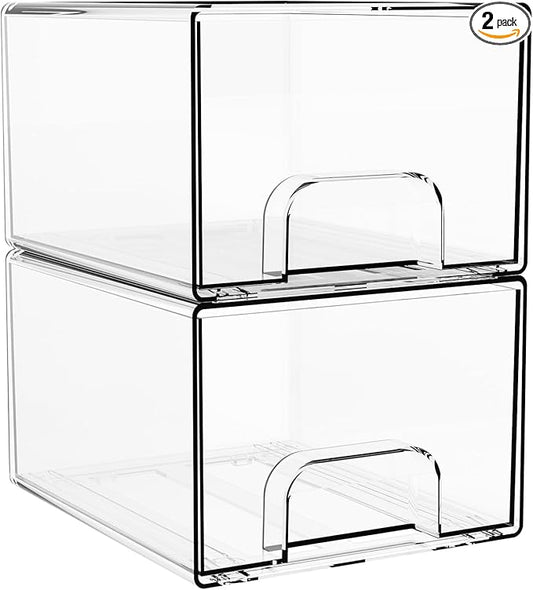 4.4" Tall Small Clear Acrylic Stackable Storage Drawers for Vanity,Under Sink,Bathroom Closet,Medicine Cabinet Organization and Plastic Storage Bins for Organizing Makeup,Baby Bottles,Pacifier,2 PCS