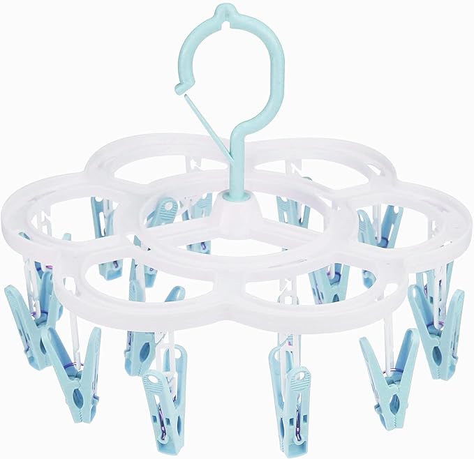 Clothespin Rack Laundry Drying Rack,Clothes Hangers with 16 Clips,Clip Hanger Drip Hanger for Drying Underwear,Baby Clothes,Socks,Bras,Towel,Pants,Hat,Scarf,Cloth Diapers,Gloves (Light Blue)