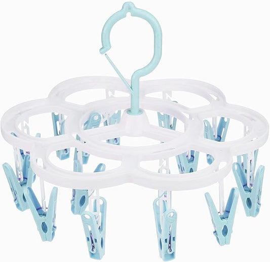 Clothespin Rack Laundry Drying Rack,Clothes Hangers with 16 Clips,Clip Hanger Drip Hanger for Drying Underwear,Baby Clothes,Socks,Bras,Towel,Pants,Hat,Scarf,Cloth Diapers,Gloves (Light Blue)