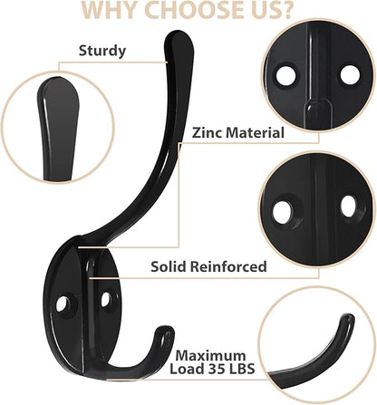 10 Pack Coat Hooks Wall Mounted with 20 Screws, Heavy Duty Black Towel Hooks Metal Double Hooks, No Rust Retro Rustic Wall Hooks for Hanging Towel, Coat, Scarf, Bag, Hat, Cup, Key