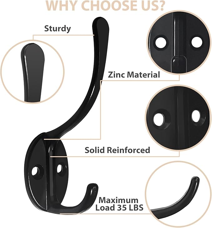 14 Pack Coat Hooks Wall Mounted with 28 Screws, Heavy Duty Black Towel Hooks Metal Double Hooks, No Rust Retro Rustic Wall Hooks for Hanging Towel, Coat, Scarf, Bag, Hat, Cup, Key