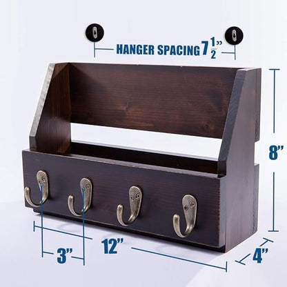 Flintar Wall Mount Key and Mail Holder with 4 Hooks. Made in Taiwan, Solid Wood. Use as Key Rack, Entryway or Mudroom Organizer, Mail & Bill Sorter, Magazine Holder (Walnut)