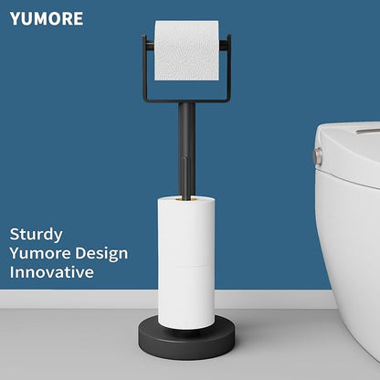 YUMORE Toilet Paper Holder Stand up with Storage, Bathroom Weighted Base Floor Toilet Paper Roll Holder Free Standing for 3 Rolls, Matte Black Bath Stainless Steel Extra Tissue Holder
