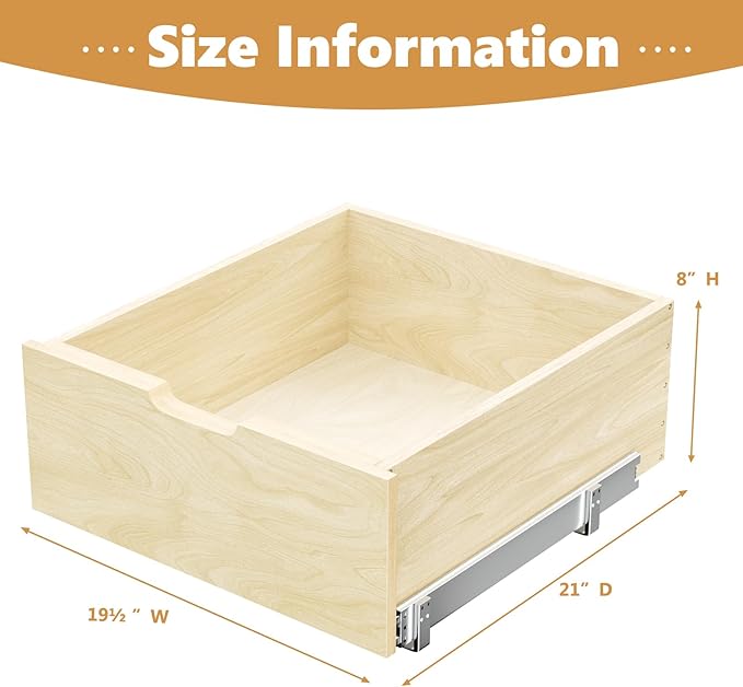 Pull Out Cabinet Organizer, Pull Out Drawers for Cabinets, Slide Out Wood Drawer, 8" High Pull Out Shelf for Kitchen Cabinet Pantry, 19½" W×21" D