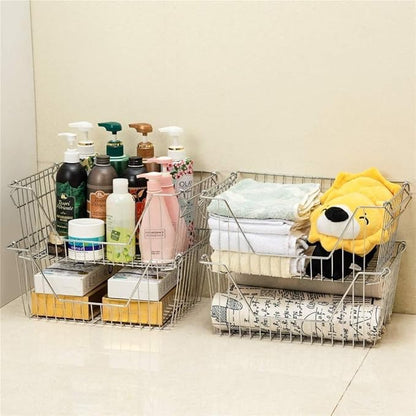 Stackable Wire Metal Baskets Sturdy Cabinet Organizer Wire Pantry Freezer Bin with Handle for Home Bathroom Kitchen Fruit Vegetable Organization, Chrome, 3Packs