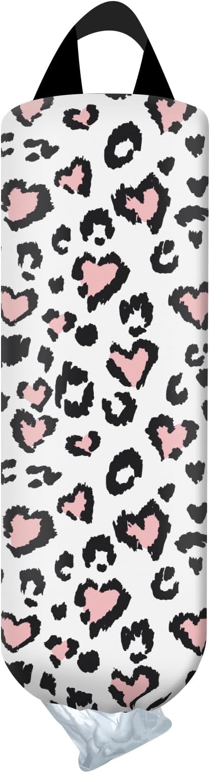 Plastic Bag Holder, Wall Mount Grocery Bag Organizer, Funny Hanging Trash Bag Storage Dispenser for Home Kitchen Cute Heart Leopard