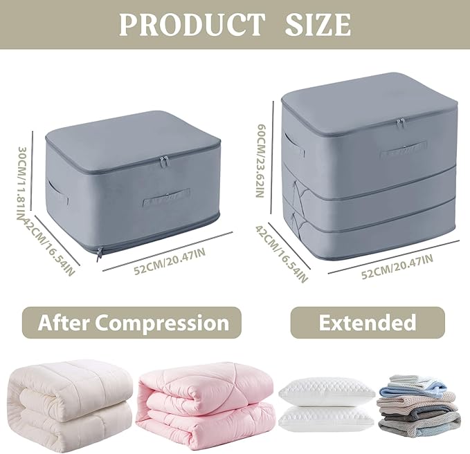 Ultra Space Saving Self Compression Organizers, 3-Layer Zipper Large Capacity Blanket Bags, Thickend Satin Fabric Comforter Storage Bags, for Collect Comforters, Clothes, Blankets (Gray)