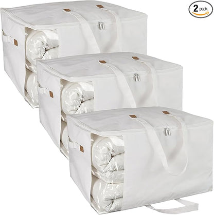 Heavy Duty Cotton Canvas Storage Bags For Comforter Blankets Clothes Extra Large Foldable Organizer with Clear Window & Reinforced Handles, Dustproof Design (White, 80L-3Pack)