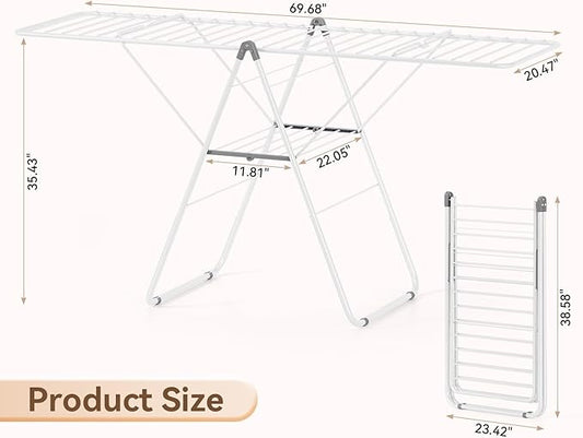 APEXCHASER Clothes Drying Rack, Foldable Drying Rack Clothing, Sturdy Metal Laundry Drying Rack, Height-Adjustable Gullwing, Easy to Fold, Space-Saving, for Indoor Outdoor, White