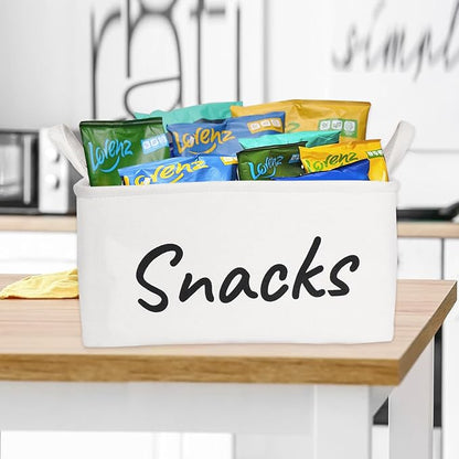 Snack Bin for Pantry - Snack Storage Basket Organizer for Storing Chips, Cookies, Pretzels, Popcorn and more - Kitchen Organization (White 1pcs)
