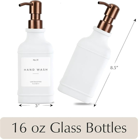 Emerson Essentials Soap Dispenser, Dish Soap Dispenser, Soap Bottle Bathroom Set, Hand Soap Dispenser, Kitchen Soap Dispenser Set - Glass Soap Dispenser with Pump and Labels, 16 Oz, 2 Pack