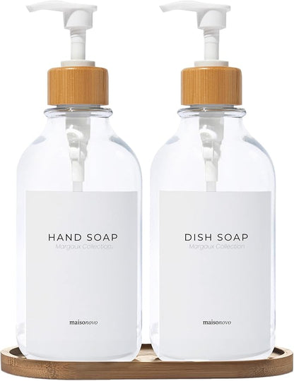 Maisonovo Plastic Soap Dispenser Set | Hand Soap and Dish Soap Dispenser Set | 16.9oz Amber Bottles with Black Bamboo Pump | Bathroom Lotion Dispenser with Pump Set of 2