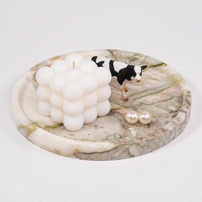 LWALMS Marble Perfume Jewelry Tray - Stone Trinket Ring Key Purse Holder Dish, Round Plate Decorative Bowl for Nightstand Entryway Coffee Table Decor (7.9 inch)