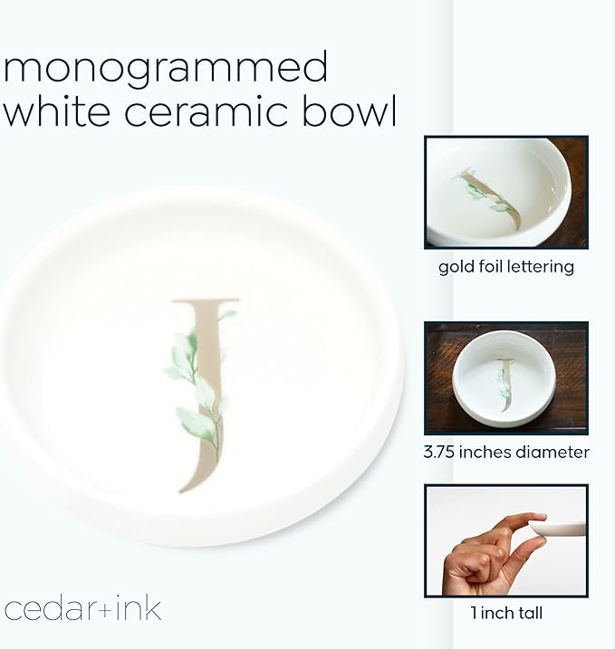 Trinket Tray Jewelry Dish with Monogrammed J in Gold Ring Holder - White Trinket Dish - Personalized Ring Dish or Jewelry Tray - Cedar & Ink (J)