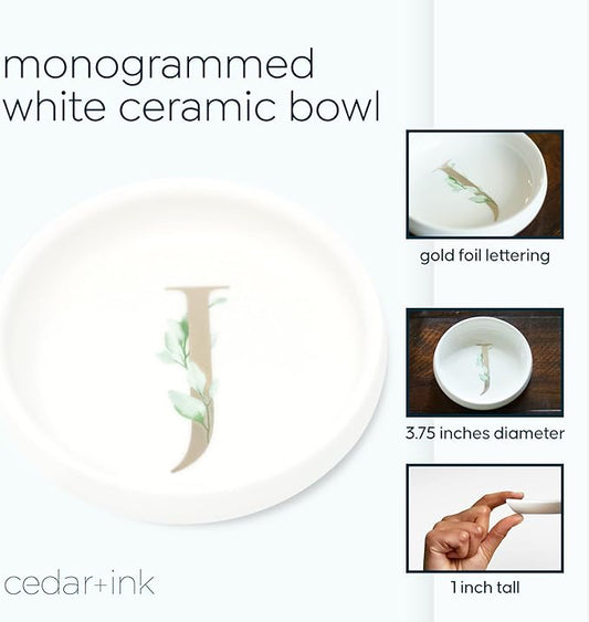Trinket Tray Jewelry Dish with Monogrammed J in Gold Ring Holder - White Trinket Dish - Personalized Ring Dish or Jewelry Tray - Cedar & Ink (J)
