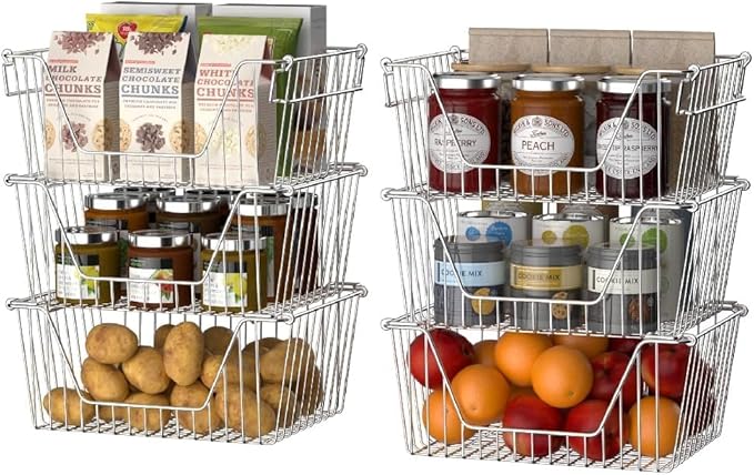 SANNO 14" Stacking Baskets Large Wire Baskets Organizer, Cabinet Storage Metal Baskets Organizer Sturdy Metal Wire Pantry Freezer Bin