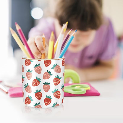 WAVEYU Pencil Holder for Desk, Ceramic Pencil Pens Cup Cute Makeup Brush Holder, Unique Desk Multifunctional Pen Organizer for Home, Office, Strawberries Pattern