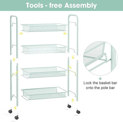 TOOLF 4-Tier Rolling Cart, Metal Utility Cart with 3 Hooks, Easy Assemble Mobile Storage Trolley On Wheels, Metal Shelving Units Kitchen Bathroom Laundry Room