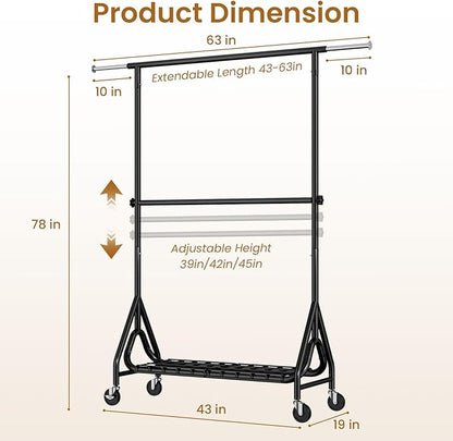 Double Rods Clothing Rack, Heavy Duty Clothes Rack for Hanging Clothes Load 560LBS, Metal Rolling Garment Racks with Wheels, Freestanding Clothes Hanging Racks, Black