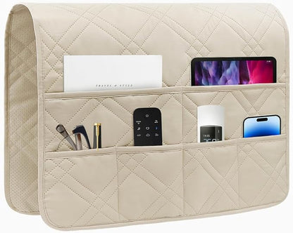 HADEEONG Couch Armrest Organizer Remote Control Holder Bedside Caddy with 6 Pockets, Non-Slip Armchair Caddy Sofa Armrest Organizer for Tv Remote Control, Magazine, Cell Phone, Beige