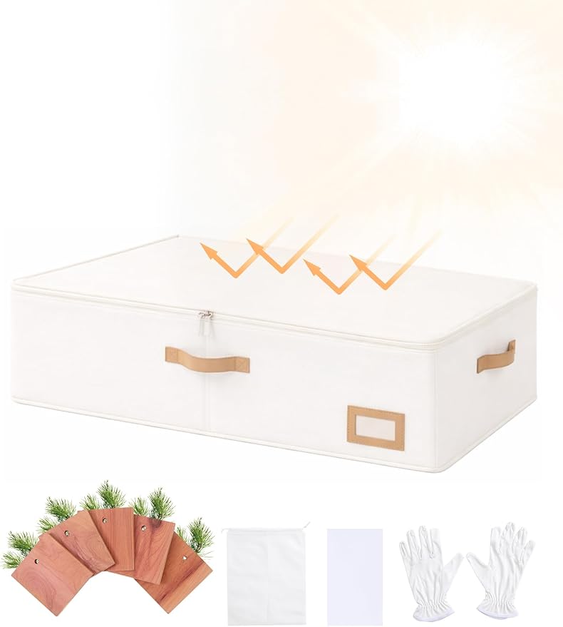 Coorganisers Wedding Dress Storage Box, Large Wedding Dress Preservation Box with 5 Cedar Wood Blocks, 30 Sheets of Acid-Free Tissue Paper, Microfiber Gloves, and Dust-Proof Bag-Beige Color