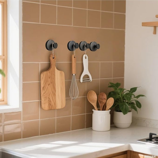 Zloeoa 4Pcs Suction Cup Hooks, Wreath Hangers for Front Door, Strong Hold No Drill Hangers for Bathroom, Kitchen, Glass, Tile, Perfect for Wreaths (Black)