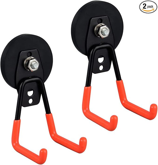 ULIBERMAGNET Heavy Duty Magnetic Garage Hooks,Strong Large Magnet Hooks for Power Drill,Garden Tools,Hose,Pegboard,Garage, Workshop,2 Pack Magnetic Storage Holder for Indoor Outdoor Hanging(Orange)