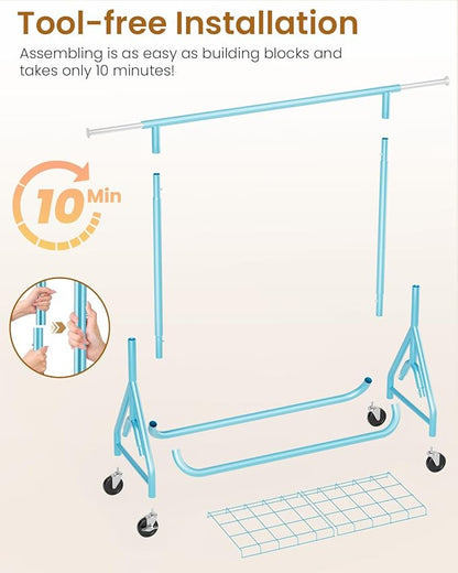 Heavy Duty Clothing Rack, Metal Clothes Rack Load 450 LBS, Rolling Coat Racks for Hanging Clothes with Lockable Wheels, Wardrobe Closet Garment Racks for Bedroom, Sky Blue