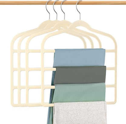 Velvet Hangers Space Saving Non Slip Pant Velvet Hangers, DUDUCOFU 4 Pack Beige Multi Layer Clothes Hangers Closet Organizer for Pants Trousers Scarf